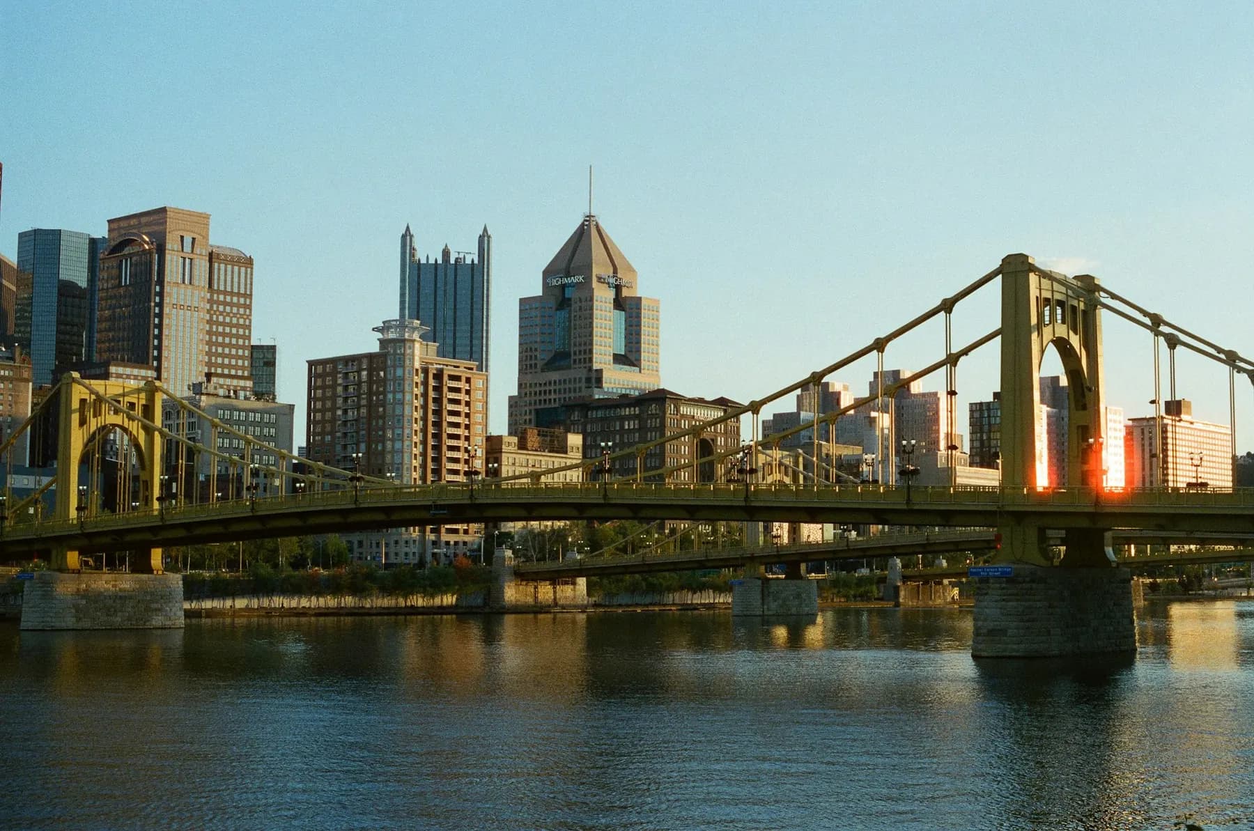 Pittsburgh skyline and yellow bridge over the Allegheny River
