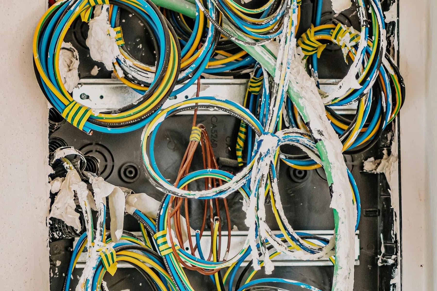 Electrical wires inside an open wall box during a rewiring job